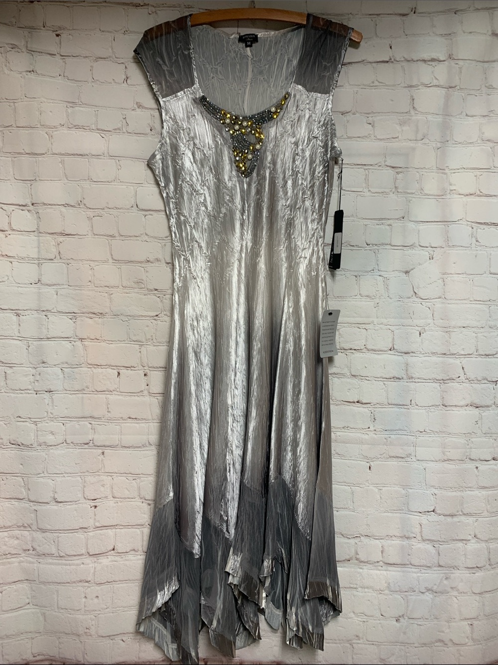 NEW KomaRov 2 Piece Silver Gray Ombre Jeweled Charmeuse Chiffon Dress Jacket M - Picture 2 of 9